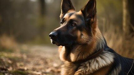 Brown black Old German Shepherd Dog sit stare and look at something, playing in the woods nature background. Generative AI.