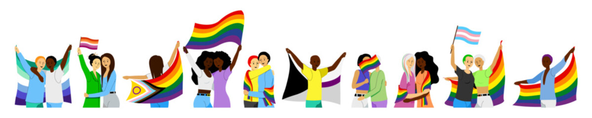 Set of people holding LGBTQ flags during pride month and support equality and rights - obrazy, fototapety, plakaty