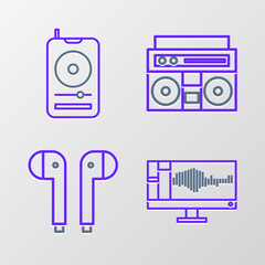 Set line Sound or audio recorder on monitor, Air headphones, Home stereo with two speakers and Music player icon. Vector