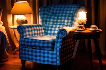 A contemporary, light blue reclining chair with a white cup and a lit candle on a painted, plaid covered barrel that acts as a table. a residence