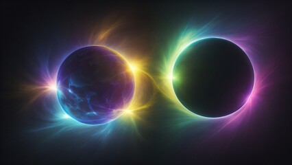 Realistic set of solar eclipse overlay effect on transparent background. Vector illustration of neon blue, yellow, green, purple blazing star edge behind planet in dark sky. Space design elements