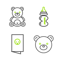 Set line Teddy bear plush toy, Baby shower invitations card, poster, bottle and icon. Vector