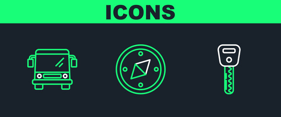 Set line Car key, Bus and Compass icon. Vector