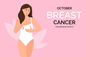 Breast cancer awareness month. A pink badge ribbon on woman chest to support breast cancer cause.Vector illustration