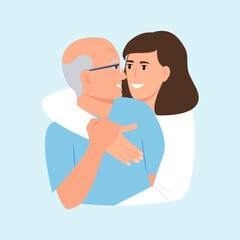 Happy woman embracing old father..Adult daughter spending time with grandpa. Friendly family relationship.Vector illustration