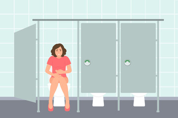 Fototapeta na wymiar Woman sits on a toilet bowl in public lavatory. Vector illustration