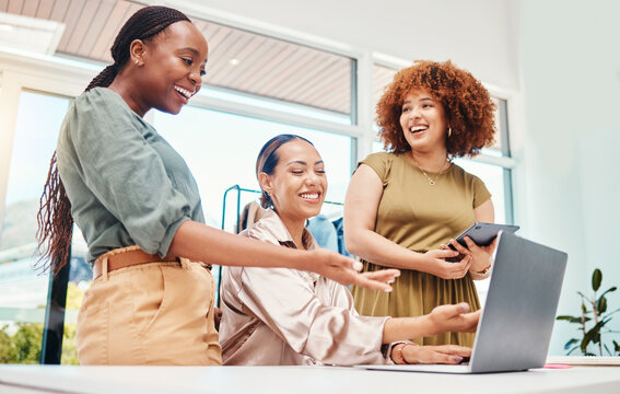 Employees, teamwork and review on tech in office with creative, ideas for fashion or ecommerce on computer or tablet. Online, stylist and happy women in Colombia startup talking about clothing