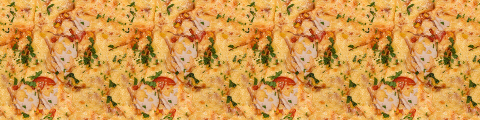 Seamless long banner, Baked pizza with herbs and meat background.