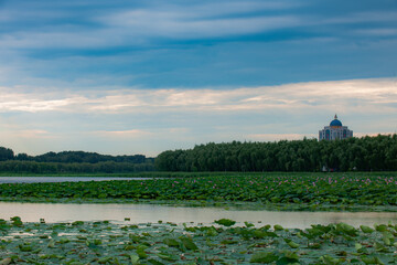 In the evening, dark clouds enveloped the sky above the city park, revealing an orange sunset scene