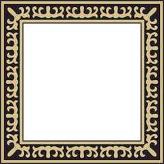 Vector golden with black Square Kazakh national ornament. Ethnic pattern of the peoples of the Great Steppe, Mongols, Kyrgyz, Kalmyks, Buryats. Square frame border..