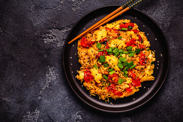 Korean style instant noodle, Shin Ramyeon with tomatoes and scrambled eggs.