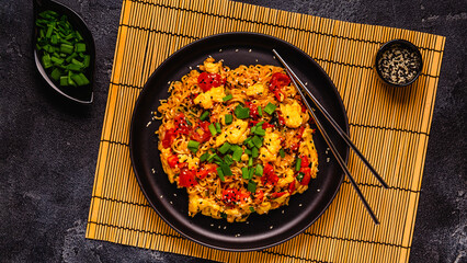 Korean style instant noodle, Shin Ramyeon with tomatoes and scrambled eggs.