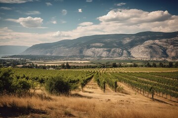 Fototapeta na wymiar Vineyard and wine grapes in the Okanagan valley with mountains and fields in lush desert BC Canada. Generative AI