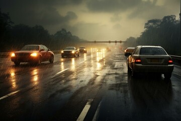 Fototapeta na wymiar Cars on rain-soaked highway. Generative AI
