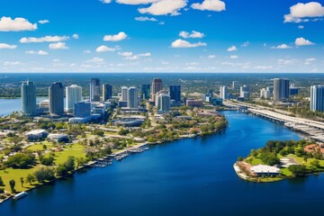 Aerial view of Tampa, FL, USA, showing the Hillsborough River flowing towards downtown. Generative AI