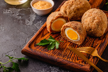 Traditional Scotch Eggs on a wooden board.