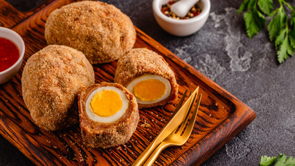 Traditional Scotch Eggs on a wooden board.