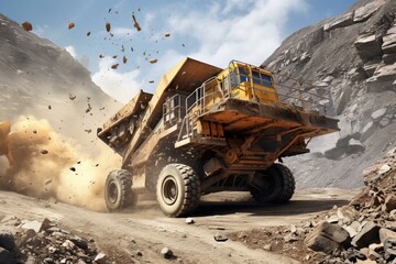Industrial vehicles operating stone crusher machine in quarry - 3D render. Generative AI - obrazy, fototapety, plakaty