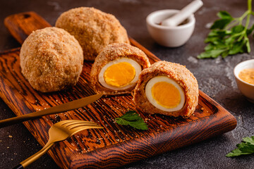 Traditional Scotch Eggs on a wooden board.