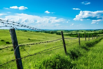 A fence made of barbed wire surrounded by a lush green field under a clear blue sky. Generative AI