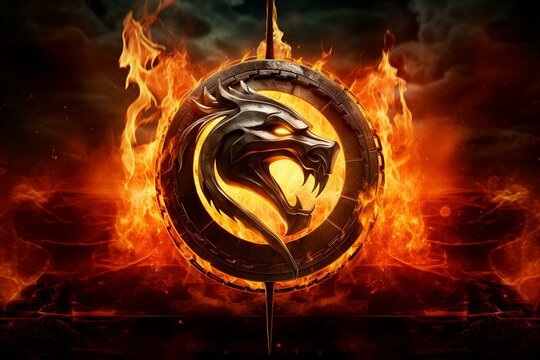 Flaming background featuring Mortal Kombat symbol. Generative AI