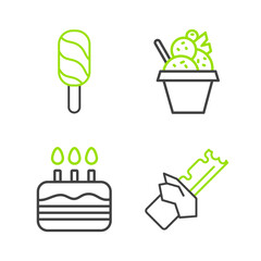 Set line Bitten chocolate bar, Cake with burning candles, Ice cream bowl and icon. Vector