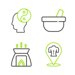 Set line Massage, Aroma candle, Mortar pestle and Yin Yang icon. Vector