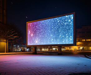 Bright billboard frame located in the winter night cityscape, open canvas for creativity and promotion