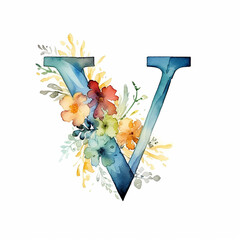 realistic V letter with generic logo luxury flower watercolor design