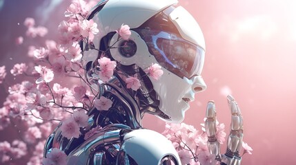 Illustration of an AI android surrounded by cherry blossoms.