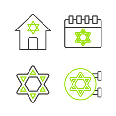 Set line Jewish synagogue, Star of David, calendar and icon. Vector