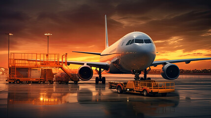 Fototapeta na wymiar Commercial cargo air freight airplane loaded at airport in the evening, Generative Ai