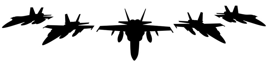 Isolated silhouette of military fighters F-15 . A group of flying aircraft. Air show. War. Bombers. Military aviation. American fourth-generation all-weather fighter aircraft - obrazy, fototapety, plakaty