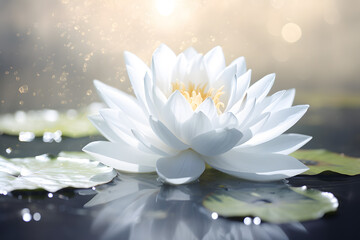 White Water Lily Floating on Blue Water in Soft Bright Light