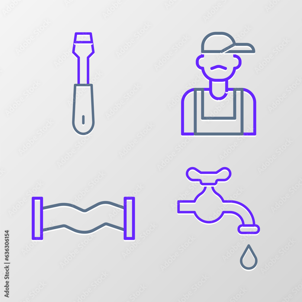 Poster set line water tap, industry metallic pipe, plumber and screwdriver icon. vector