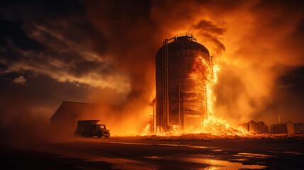Fototapeta na wymiar War, Fire at Modern Granary elevator. Silver silos on agro-processing and manufacturing plant for processing drying cleaning and storage of agricultural products, flour, cereals and grain
