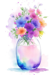 Bouquet of beautiful flowers in a glass vase isolated on white, watercolor retro style flower background