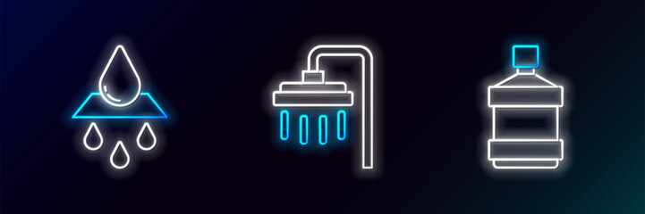 Obraz premium Set line Big bottle with clean water, Recycle aqua and Shower icon. Glowing neon. Vector
