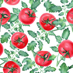 Watercolor seamless pattern with red tomato branches with leaves. Illustration for wrapping, wallpaper, fabric, textile