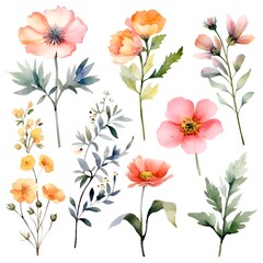 Watercolor garden flower illustration set isolated on white background. Botanic, floral element collection for greeting card, invitations, wedding, birthday designs