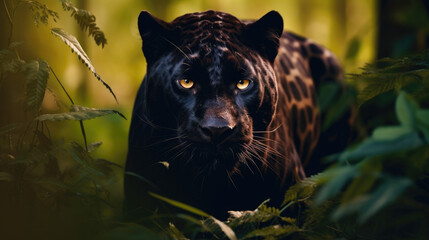 Majestic Black Panther Close-Up Portrait in Natural Habitat Created with Generative AI	