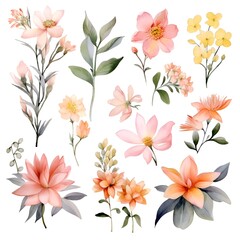 Obraz premium Watercolor garden flower illustration set isolated on white background. Botanic, floral element collection for greeting card, invitations, wedding, birthday designs