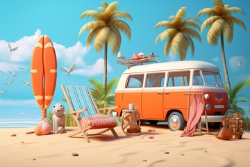 Beach adventure, van trip to palm trees, beach chair and accessories, 3D art. Generative AI