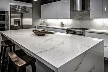 Enhance your kitchen with an elegant quartz countertop slab decor. Generative AI
