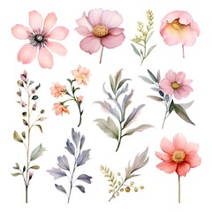 Watercolor garden flower illustration set isolated on white background. Botanic, floral element collection for greeting card, invitations, wedding, birthday designs