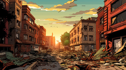 City destroyed by fire, cartoon style