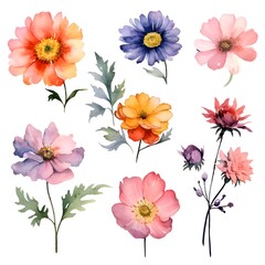 Watercolor garden flower illustration set isolated on white background. Botanic, floral element collection for greeting card, invitations, wedding, birthday designs
