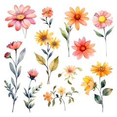 Watercolor garden flower illustration set isolated on white background. Botanic, floral element collection for greeting card, invitations, wedding, birthday designs