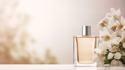 Perfume bottle with cherry blossoms on light background, closeup