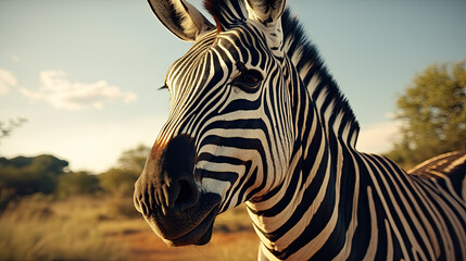 Fototapeta premium Up-Close Striking Zebra Portrait in Natural Habitat Created with Generative AI